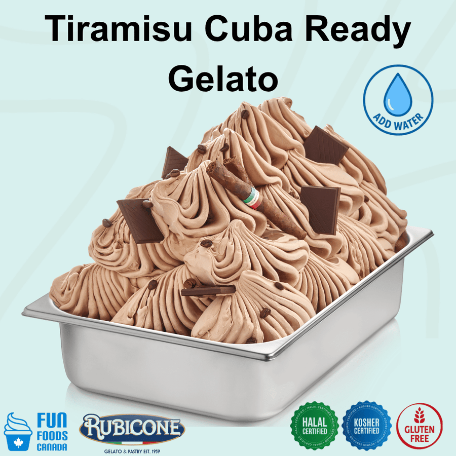 Rubicone Tiramisu Cuba Ready Gelato mix – tiramisu-inspired add-water mix with coffee and chocolate flavour notes for commercial gelato in Canada. Halal and Kosher certified, and gluten-free.