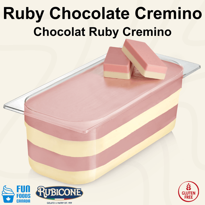 Rubicone Choco Ruby Cremino for premium gelato layers and textures, featuring layered ruby chocolate cremino in a display pan topped with decorative cremino bars. Available in Canada from Fun Foods Canada.