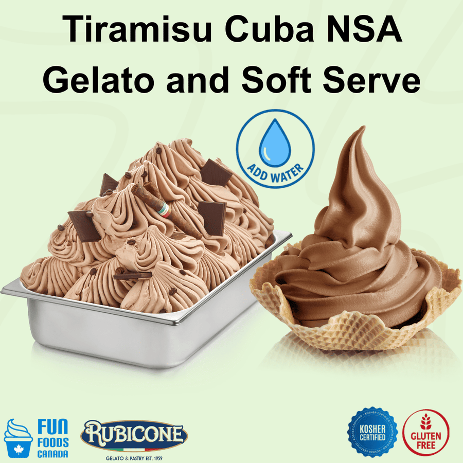 Rubicone Tiramisu Cuba NSA – no-sugar-added tiramisu-flavoured mix for commercial gelato and soft serve in Canada. Kosher and gluten-free.
