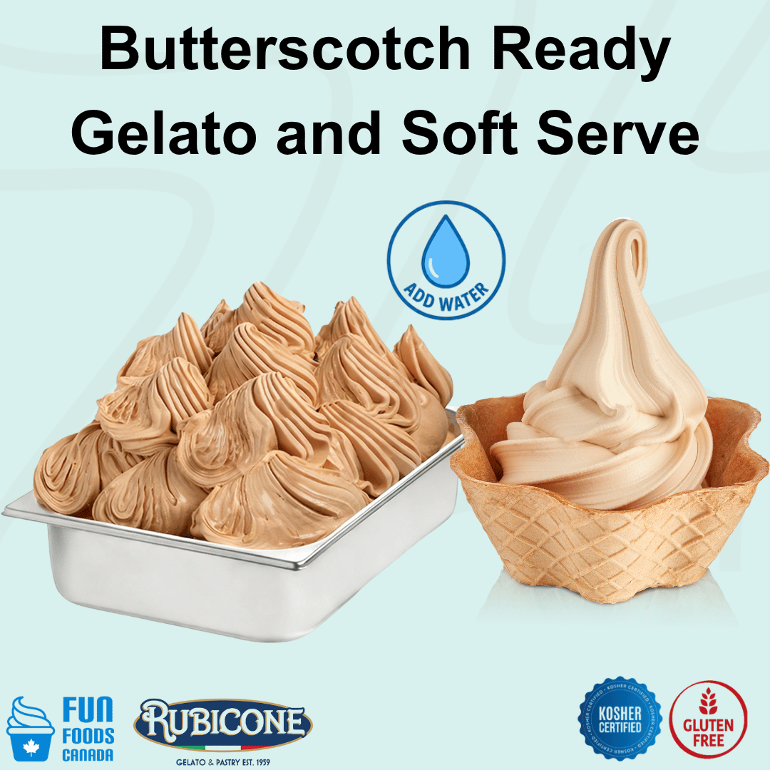 Rubicone Butterscotch Ready Gelato and Soft Serve mix – rich, creamy butterscotch-flavoured add-water mix for commercial gelato and soft serve machines in Canada. Kosher certified and gluten-free.
