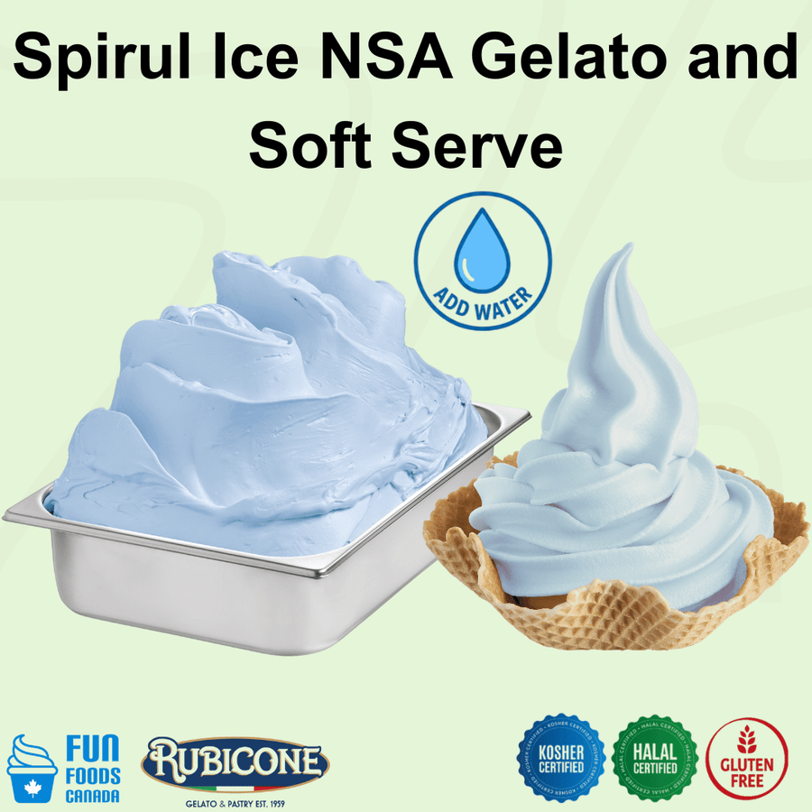 Rubicone Spirul Ice NSA – no-sugar-added blue spirulina-flavoured mix for commercial gelato and soft serve in Canada. Kosher, halal and gluten-free.
