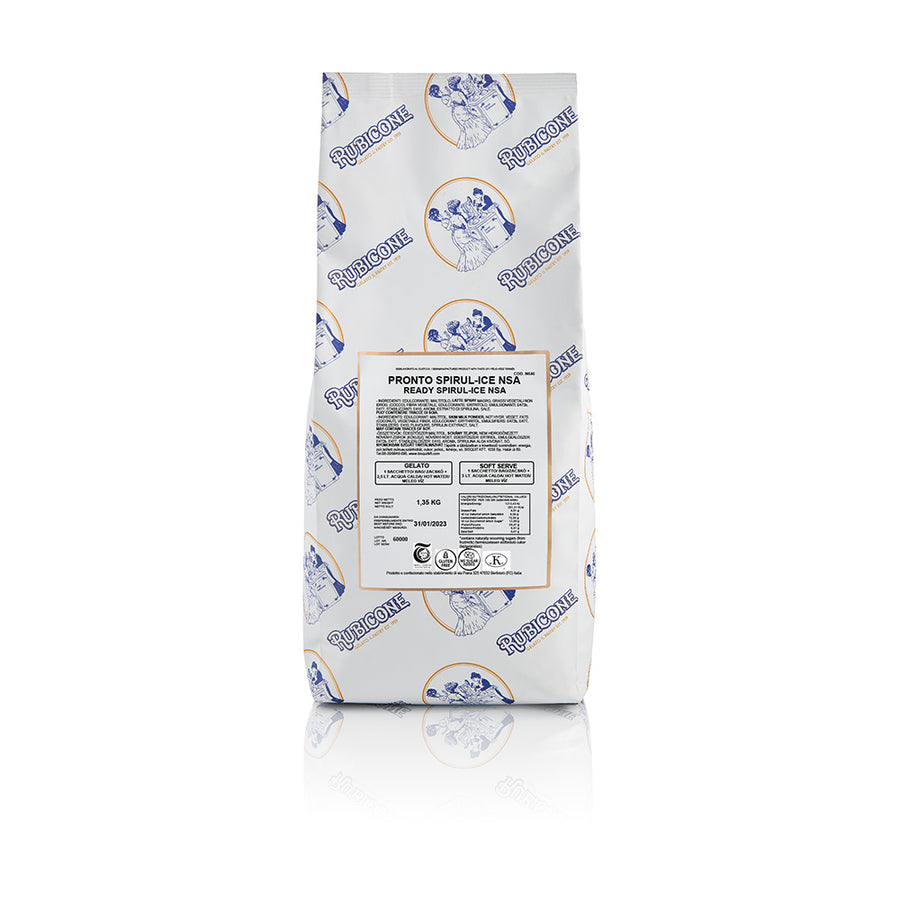 1.35 KG bag of Rubicone Blue Vanilla NSA (Spirul Ice NSA) on a white background - ready base for gelato and soft serve - no sugar added