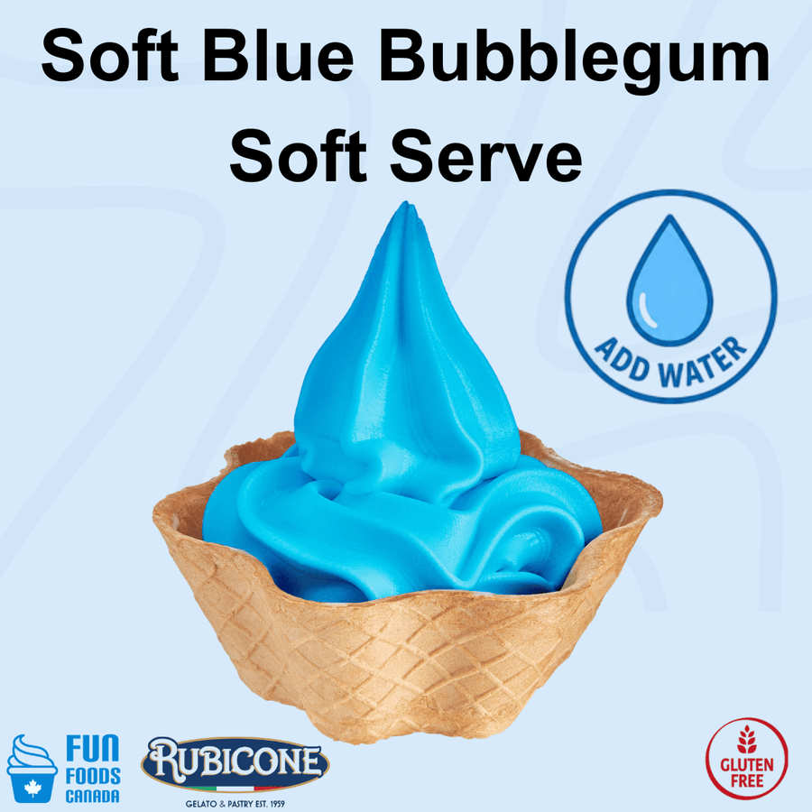 A swirl of bright blue bubblegum soft serve ice cream in a waffle cone, with large text reading 'Soft Blue Bubblegum Soft Serve' and icons for 'ADD WATER', 'FUN FOODS CANADA', 'RUBICONE', and 'GLUTEN FREE' on a pale blue background.