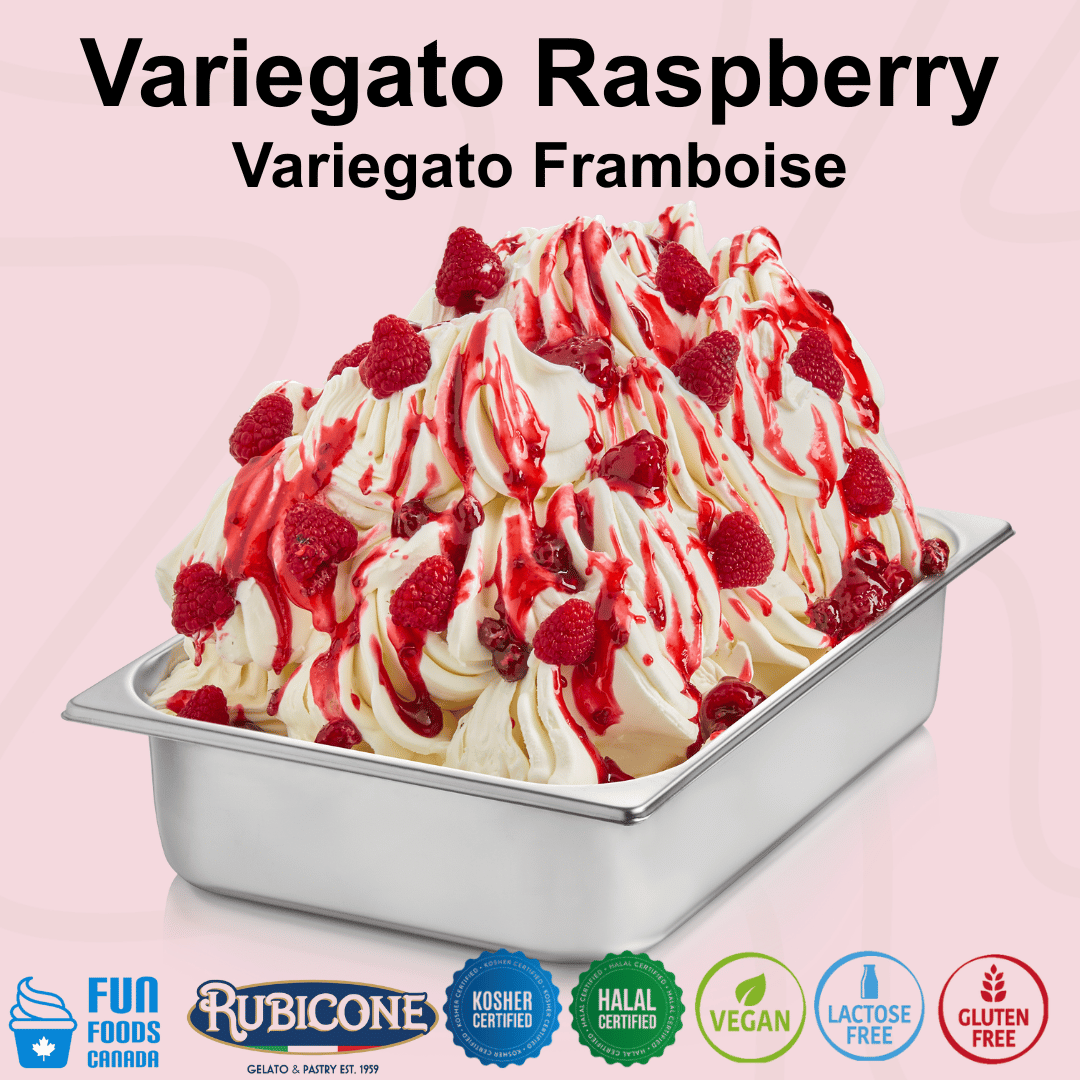 Rubicone Variegato Raspberry gelato variegate featuring vibrant raspberry sauce with whole raspberries. Perfect for decorating and flavouring gelato, ice cream, frozen yogurt and desserts.