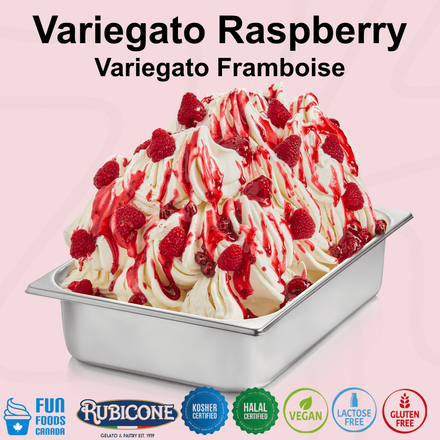 Rubicone Variegato Raspberry gelato variegate featuring vibrant raspberry sauce with whole raspberries. Perfect for decorating and flavouring gelato, ice cream, frozen yogurt and desserts.
