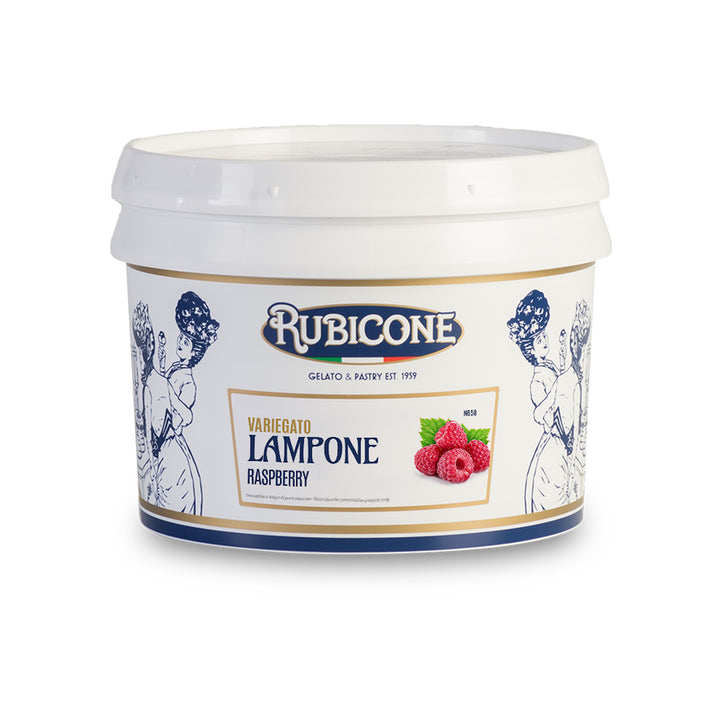 3 KG bucket of Rubicone Raspberry Sundae dessert topping and ripple sauce - Variegato lampone - on a white background