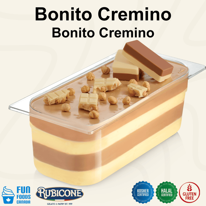 "Rubicone Bonito Cremino for premium gelato layers and textures, featuring layered chocolate and hazelnut cremino in a display pan topped with roasted hazelnuts, chocolate pieces, and decorative cremino bars. Available in Canada from Fun Foods Canada.