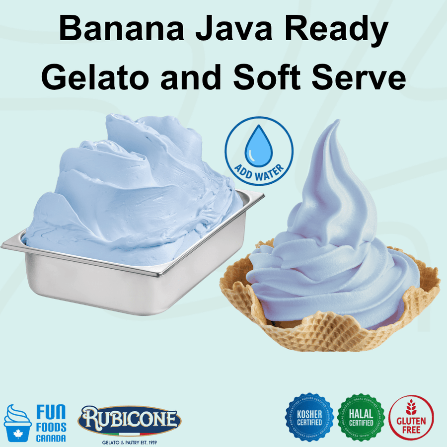 Rubicone Banana Java Ready Gelato and Soft Serve mix – tropical blue banana flavoured add-water mix for commercial gelato and soft serve machines in Canada.
