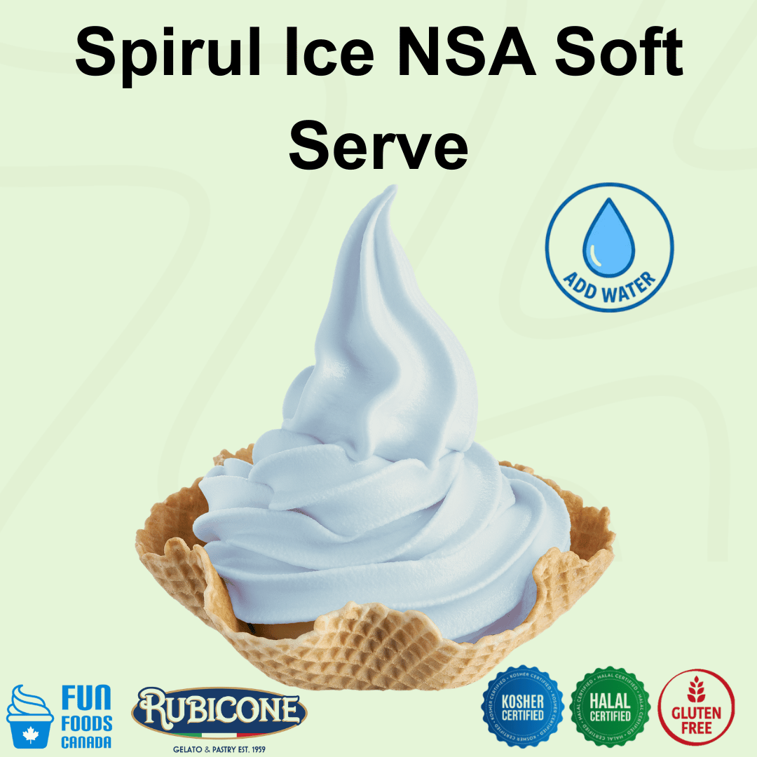 Rubicone Spirul Ice NSA – no-sugar-added blue spirulina soft serve mix with water for commercial use in Canada. Kosher, halal and gluten-free.
