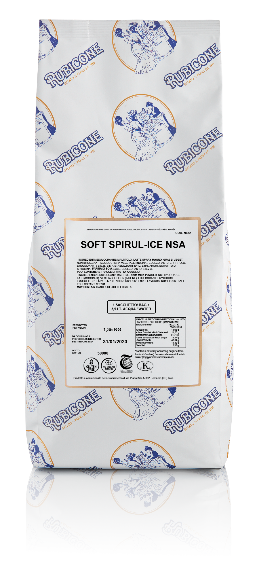 1.35 KG bag of Rubicone Soft Spirul-Ice NSA (Soft Blue Vanilla NSA) on a white background