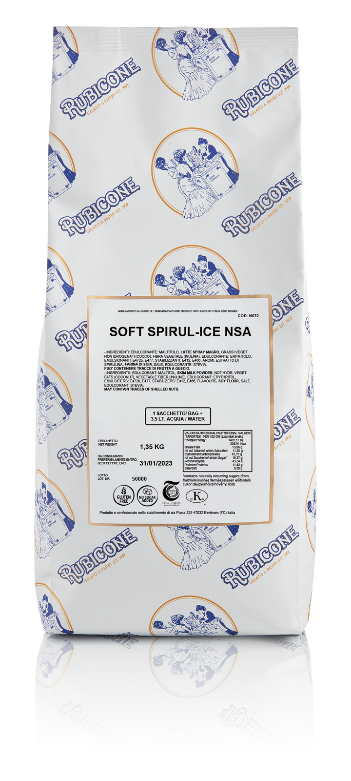 1.35 KG bag of Rubicone Soft Spirul-Ice NSA (Soft Blue Vanilla NSA) on a white background