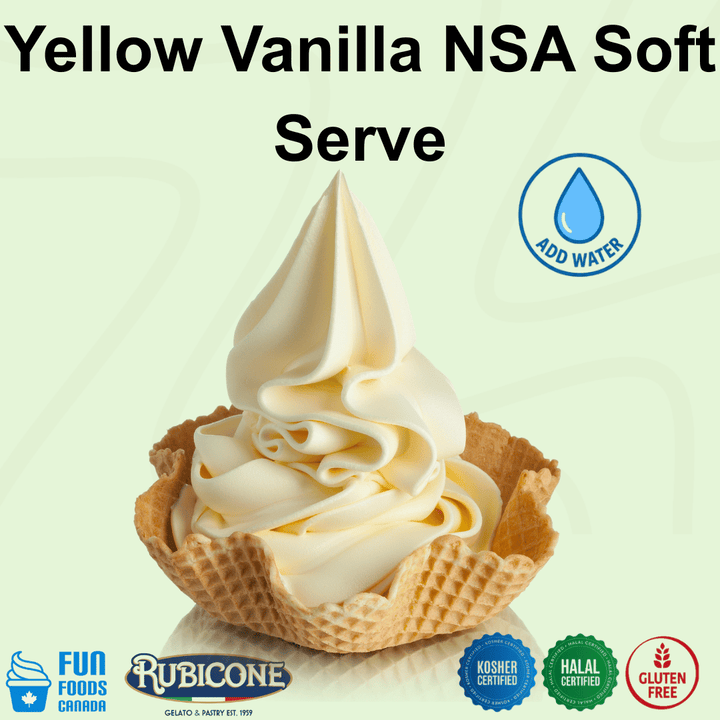 Rubicone Yellow Vanilla NSA – no-sugar-added yellow vanilla soft serve mix with water for commercial soft serve machines. Kosher, halal and gluten-free.
