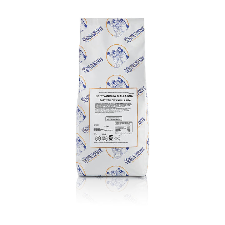 1.5 KG bag of soft yellow vanilla soft serve and gelato powder base mix on a white background