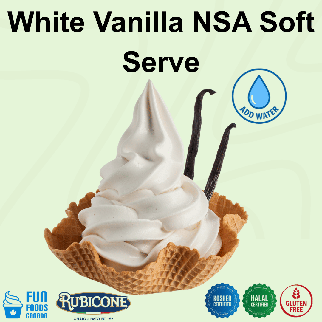 Rubicone White Vanilla NSA – no-sugar-added white vanilla soft serve mix with water for commercial use in Canada. Kosher, halal and gluten-free.
