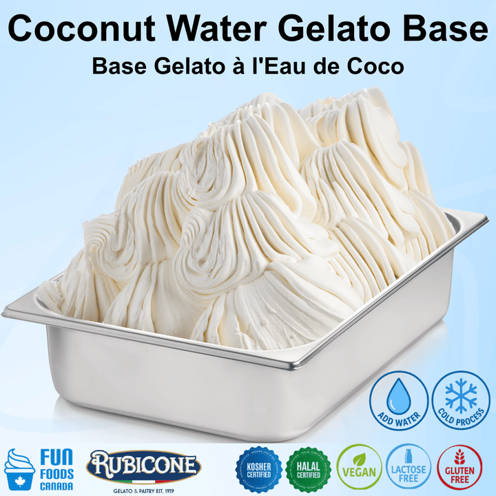 Coconut water gelato base in a metal container with branding and certification logos on a light blue background.