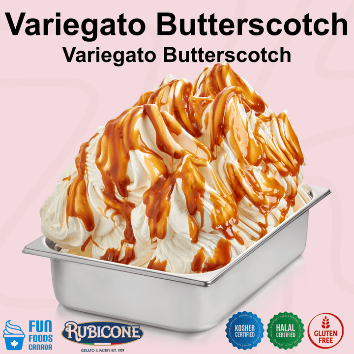 Rubicone Variegato Butterscotch gelato variegate featuring rich buttery butterscotch sauce. Ideal for gelato, ice cream, frozen yogurt and desserts. Kosher, Halal and gluten free.