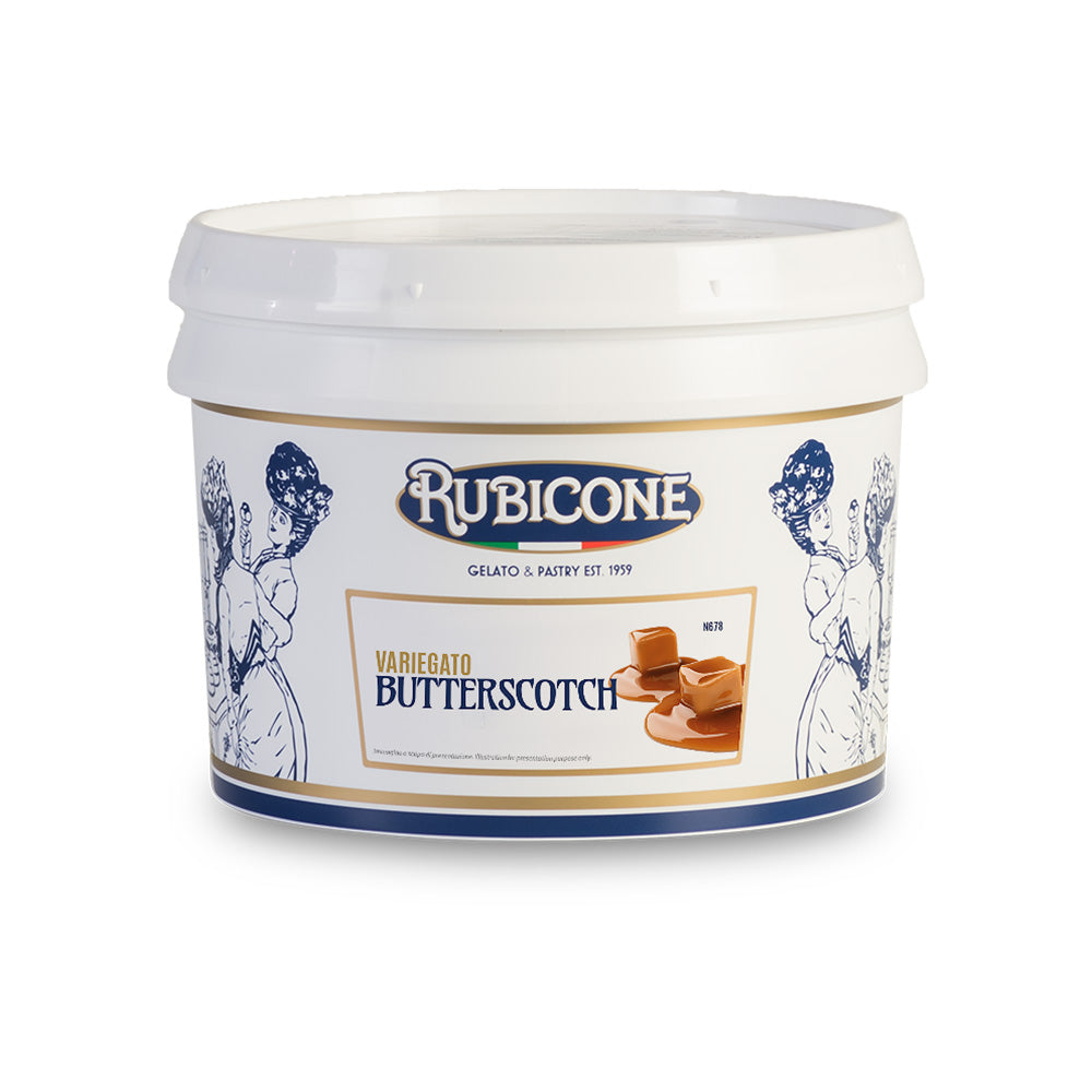 3 KG bucket of Rubicone Butterscotch sundae dessert topping - Variegato butterscotch - on a white background
