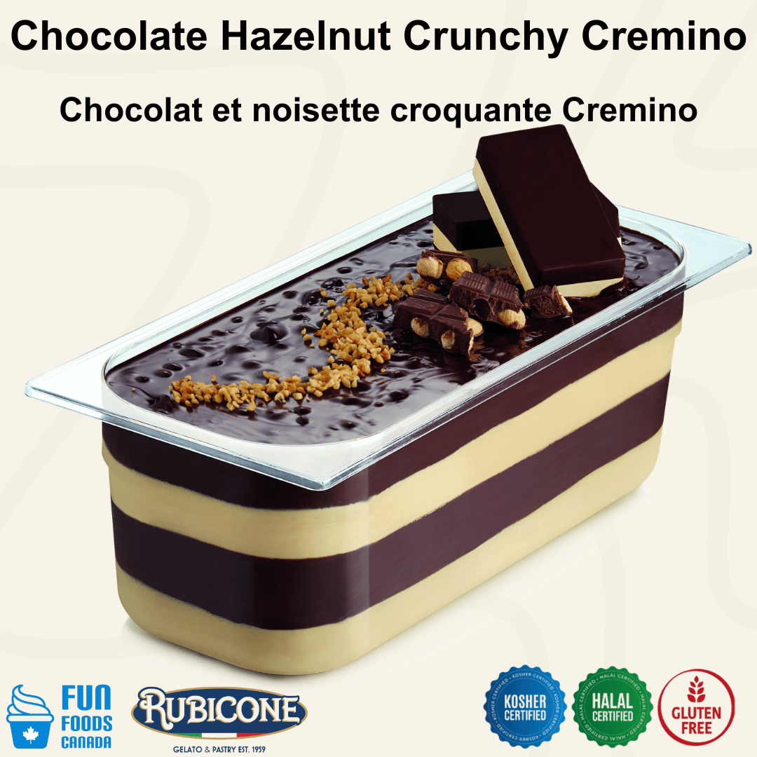 Rubicone Choco Nut Crunchy Cremino for premium gelato layers and textures, featuring layered chocolate and hazelnut cremino in a display pan topped with crunchy nut pieces and decorative cremino bars. Available in Canada from Fun Foods Canada.
