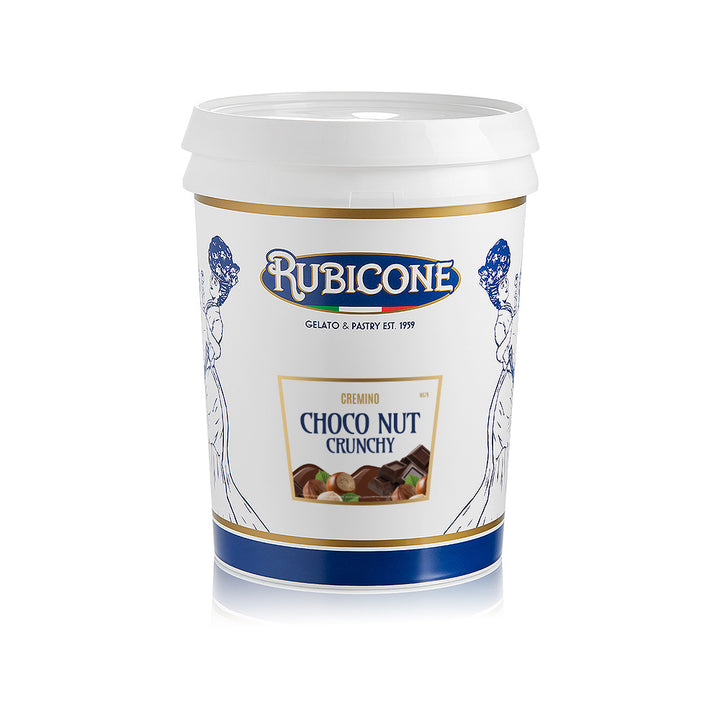 5 KG bucket of Rubicone Crunchy Chocolate Hazelnut spreadable filling cream, with hazelnut grains on a white background
