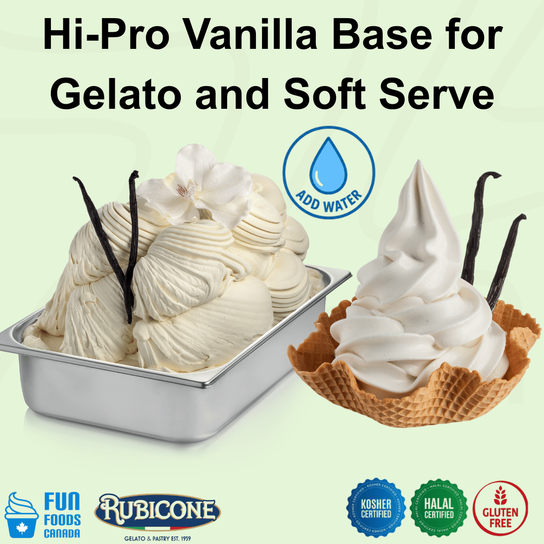 Rubicone Hi-Pro Vanilla Base – vanilla-flavoured add-water base for commercial gelato and soft serve in Canada. Kosher, halal, and gluten-free.
