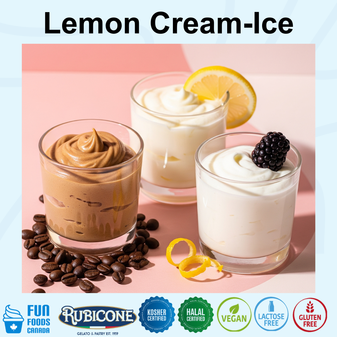 Lemon cream ice in a glass with a lemon wedge. Also seen are coffee cream ice and yogurt cream ice. Lemon cream ice is kosher, halal, vegan, lactose-free, and gluten-free. 