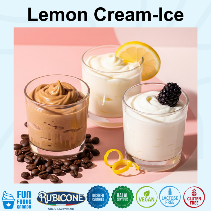 Lemon cream ice in a glass with a lemon wedge. Also seen are coffee cream ice and yogurt cream ice. Lemon cream ice is kosher, halal, vegan, lactose-free, and gluten-free. 
