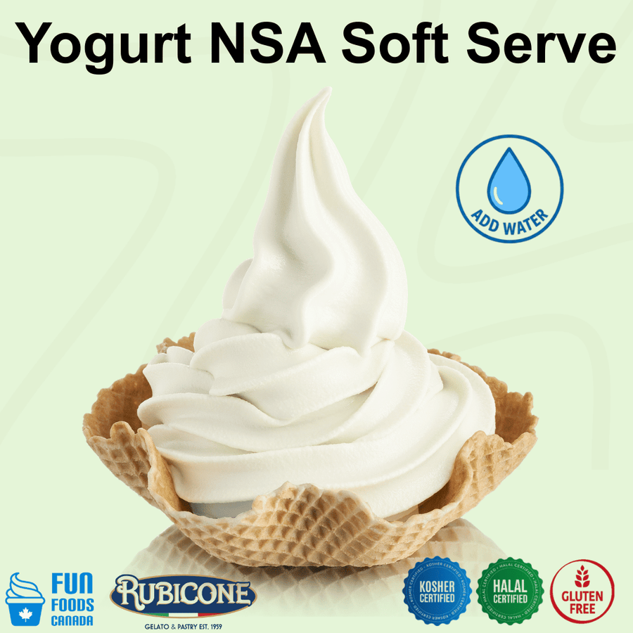 Rubicone Yogurt NSA – no-sugar-added yogurt soft serve mix with water for commercial soft serve machines. Kosher, halal and gluten-free.
