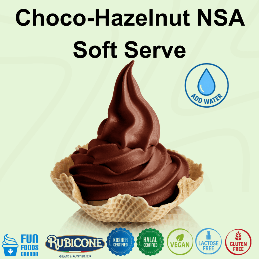 Rubicone Choco-Hazelnut NSA – no-sugar-added chocolate hazelnut soft serve mix with water for commercial use in Canada. Vegan, kosher, halal, lactose-free and gluten-free.
