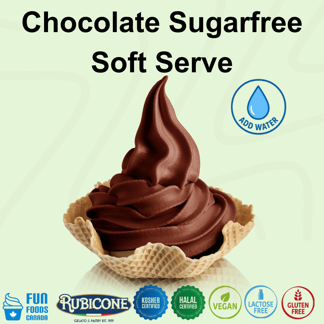 Rubicone Chocolate Sugarfree – sugar-free chocolate soft serve mix with water for commercial use in Canada. Vegan, kosher, halal, lactose-free and gluten-free.
