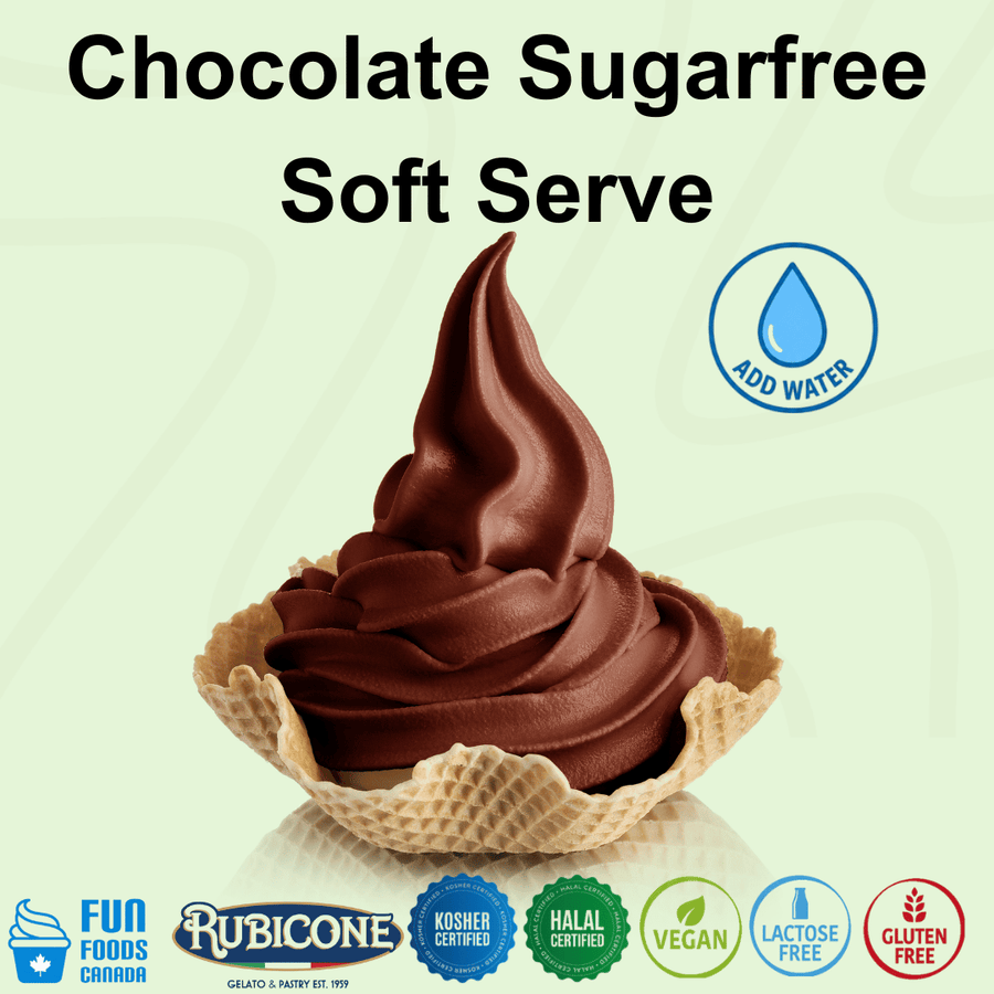 Rubicone Chocolate Sugarfree – sugar-free chocolate soft serve mix with water for commercial use in Canada. Vegan, kosher, halal, lactose-free and gluten-free.

