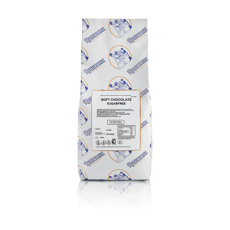 1.5 KG bag of rubicone soft chocolate sugarfree soft serve and gelato base on a white background - Canadian distribution of Rubicone products