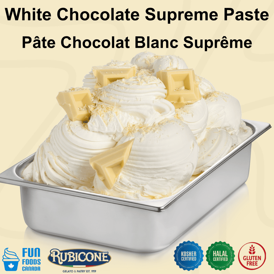 Rubicone White Chocolate Supreme Paste for authentic Italian gelato, shown as rich, creamy white chocolate gelato with a high content of pure white chocolate, topped with white chocolate chunks in a display pan.
