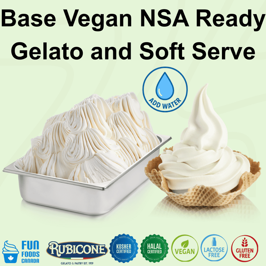 Rubicone Base Vegan NSA Ready – vegan, no-sugar-added add-water base mix for commercial gelato and soft serve in Canada. Halal, kosher, lactose-free and gluten-free.
