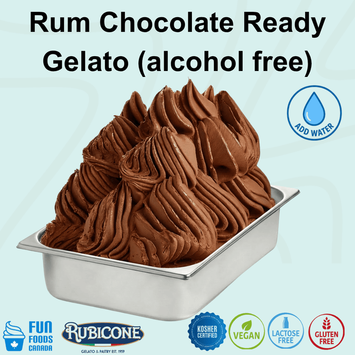 Rubicone Rum Chocolate Ready Gelato mix – rich chocolate and rum-flavoured, alcohol-free add-water mix for commercial gelato in Canada. Kosher certified, vegan, lactose-free and gluten-free.
