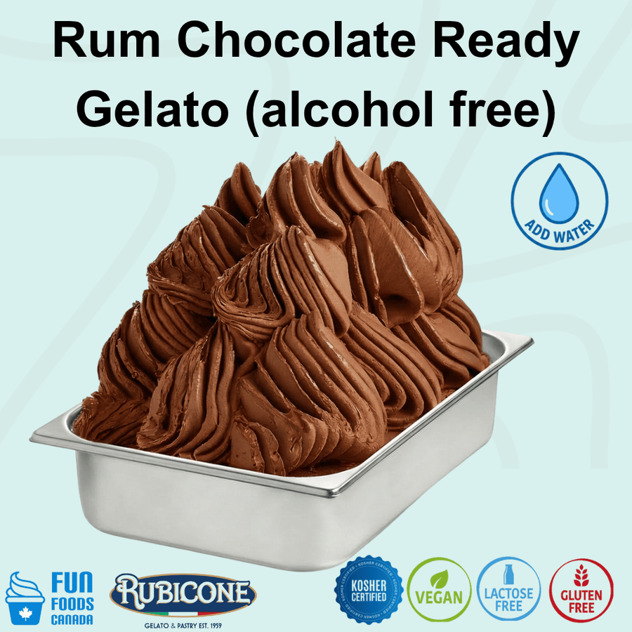 Rubicone Rum Chocolate Ready Gelato mix – rich chocolate and rum-flavoured, alcohol-free add-water mix for commercial gelato in Canada. Kosher certified, vegan, lactose-free and gluten-free.

