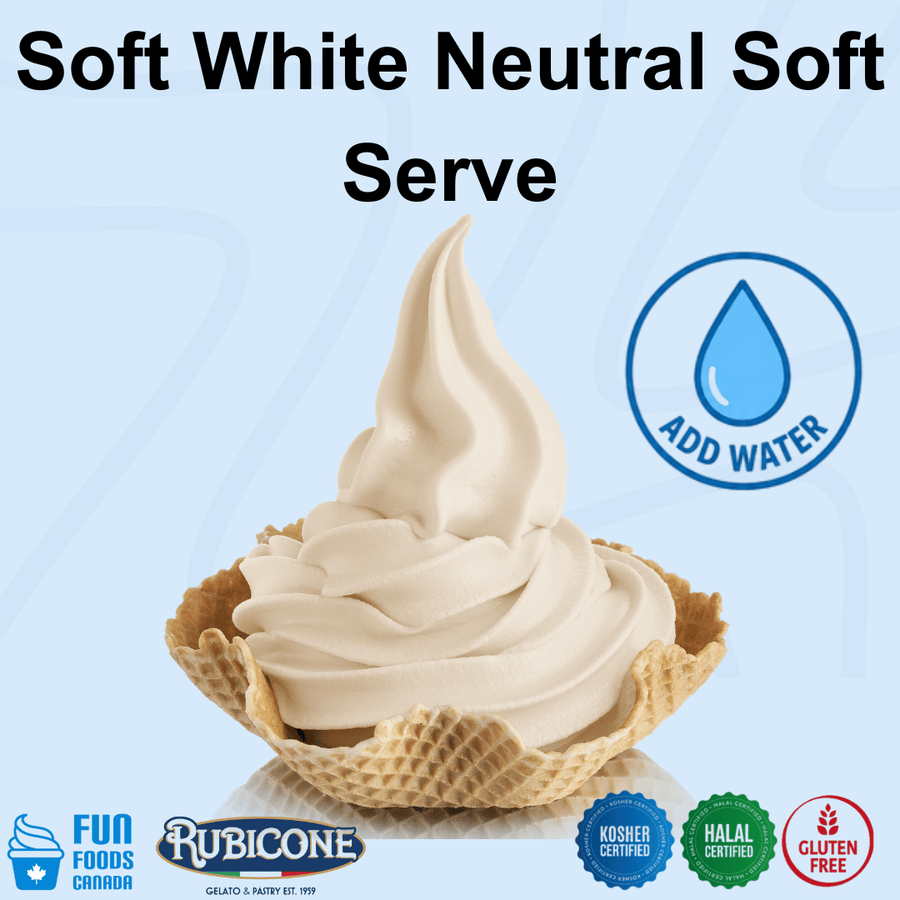 A swirl of soft white neutral ice cream in a waffle cone bowl on a light blue background, with text reading 'Soft White Neutral Soft Serve' and an 'ADD WATER' icon. Brand logos for Fun Foods Canada and Rubicone appear at the bottom.