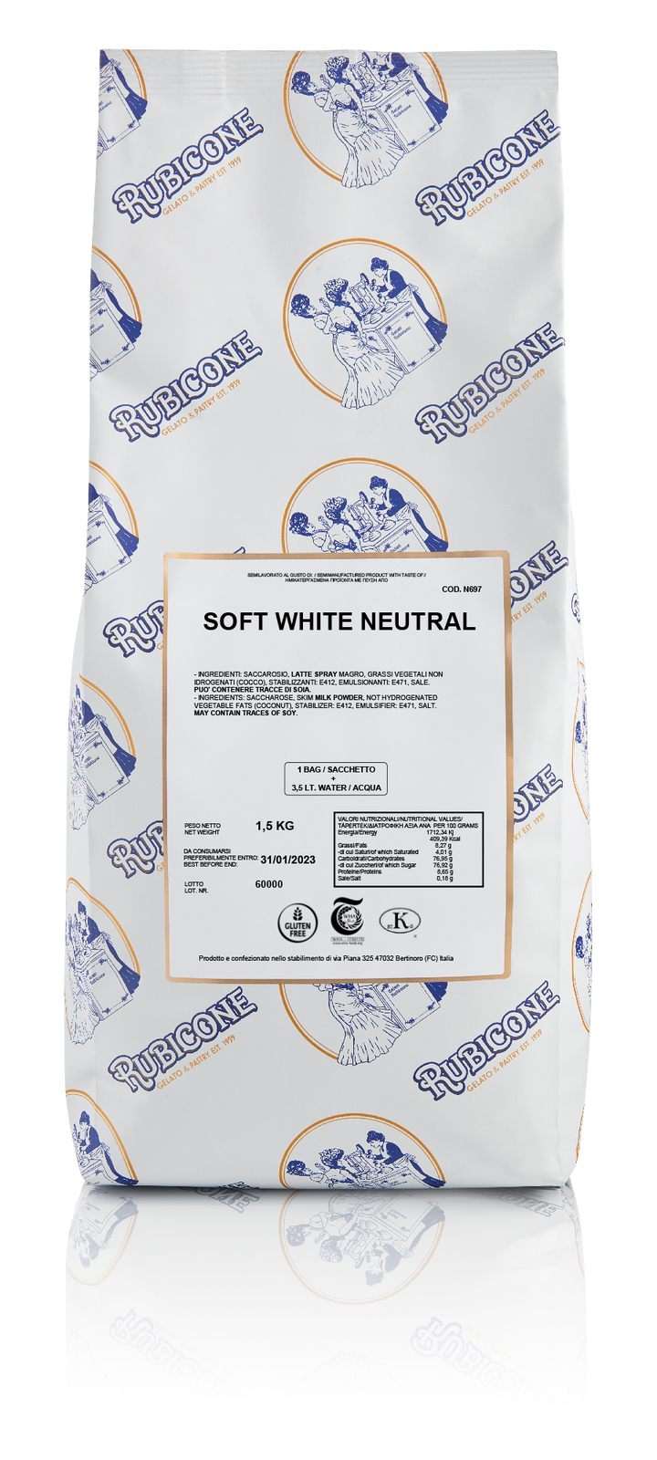 1.5 KG packaging of Rubicone Soft White Neutral Ready Base for Soft Serve on a white background