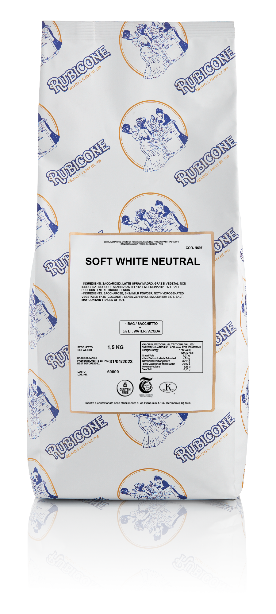1.5 KG packaging of Rubicone Soft White Neutral Ready Base for Soft Serve on a white background