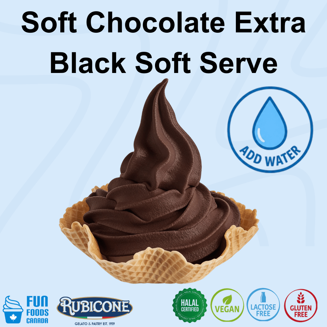 A waffle bowl of soft chocolate extra black soft serve ice cream, with text reading 'Soft Chocolate Extra Black Soft Serve' and an 'ADD WATER' icon on a light blue background. Brand logos for Fun Foods Canada and Rubicone appear at the bottom along with Halal, Vegan, Lactose-free and gluten-free certificates.