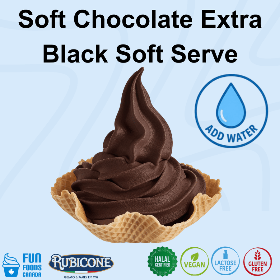 A waffle bowl of soft chocolate extra black soft serve ice cream, with text reading 'Soft Chocolate Extra Black Soft Serve' and an 'ADD WATER' icon on a light blue background. Brand logos for Fun Foods Canada and Rubicone appear at the bottom along with Halal, Vegan, Lactose-free and gluten-free certificates.