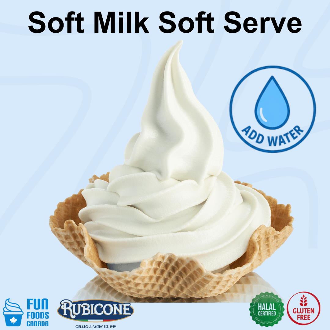 A swirl of white soft milk soft serve in a waffle cone, with the text 'Soft Milk Soft Serve' at the top and a blue droplet icon reading 'ADD WATER.' Logos for Fun Foods Canada, Rubicone, Halal Certified, and Gluten Free appear along the bottom on a light blue background.