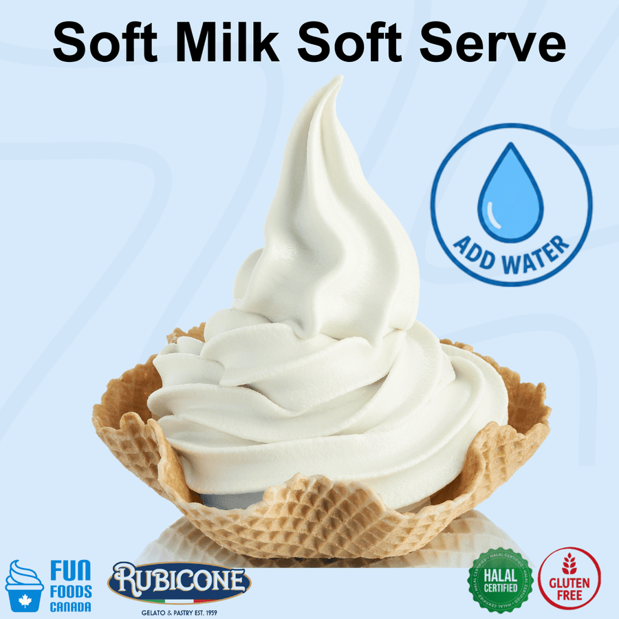 A swirl of white soft milk soft serve in a waffle cone, with the text 'Soft Milk Soft Serve' at the top and a blue droplet icon reading 'ADD WATER.' Logos for Fun Foods Canada, Rubicone, Halal Certified, and Gluten Free appear along the bottom on a light blue background.