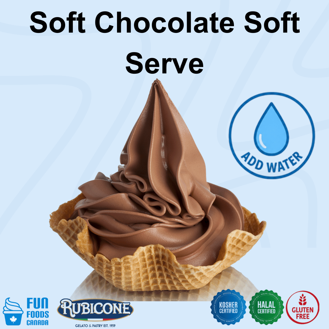 A chocolate soft serve dessert in a waffle cone on a light blue background with text reading 'Soft Chocolate Soft Serve' and a blue 'ADD WATER' icon. Brand logos at the bottom include Fun Foods Canada, Rubicone, kosher certified, Halal certified, and Gluten Free.