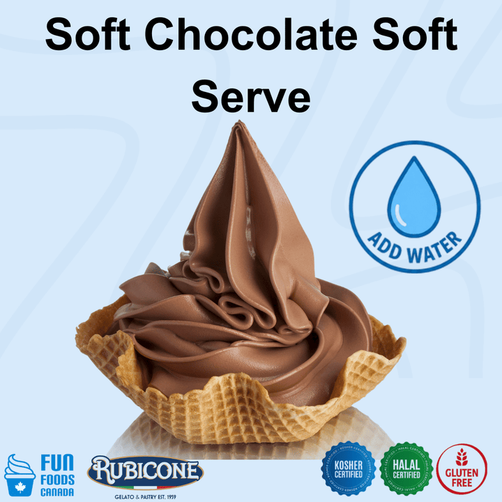 A chocolate soft serve dessert in a waffle cone on a light blue background with text reading 'Soft Chocolate Soft Serve' and a blue 'ADD WATER' icon. Brand logos at the bottom include Fun Foods Canada, Rubicone, kosher certified, Halal certified, and Gluten Free.