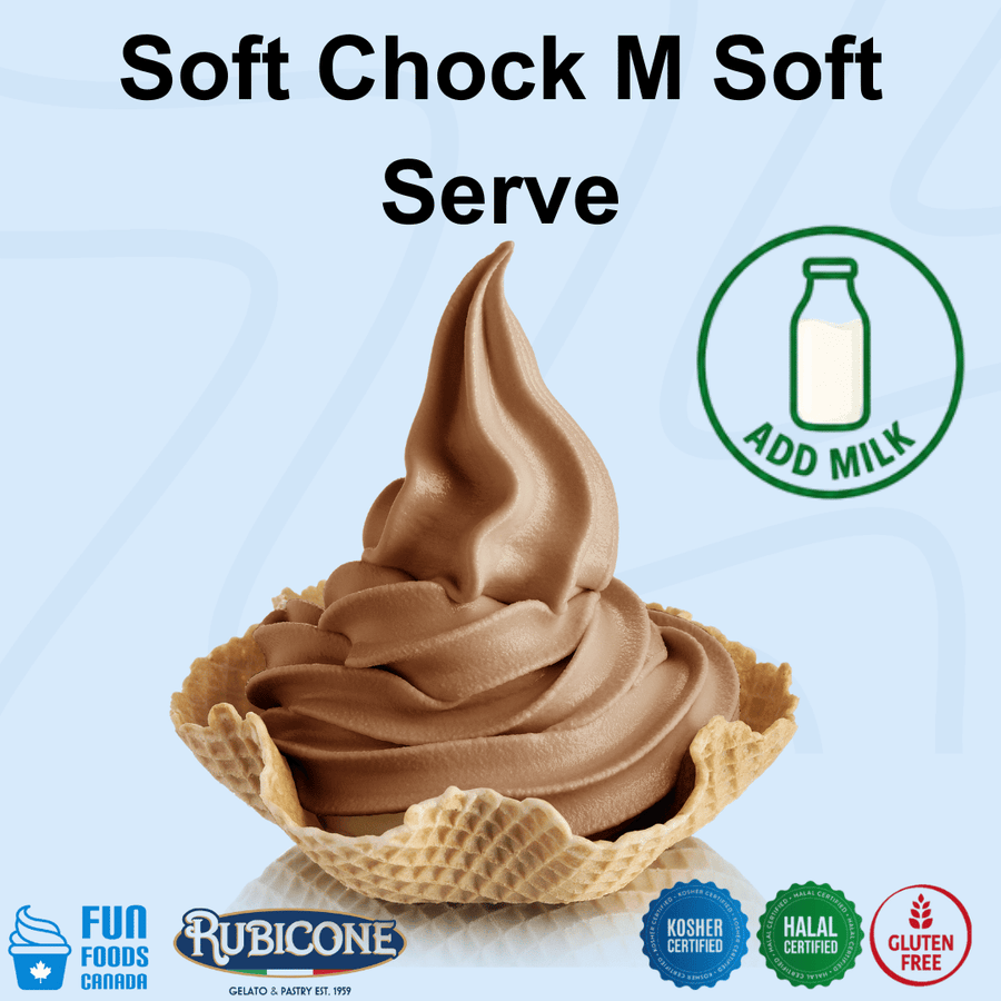 Chocolate soft serve ice cream swirled in a waffle cone bowl on a light blue background, with large text reading 'Soft Chock M Soft Serve,' an 'ADD MILK' icon, and Rubicone branding plus certification badges at the bottom.