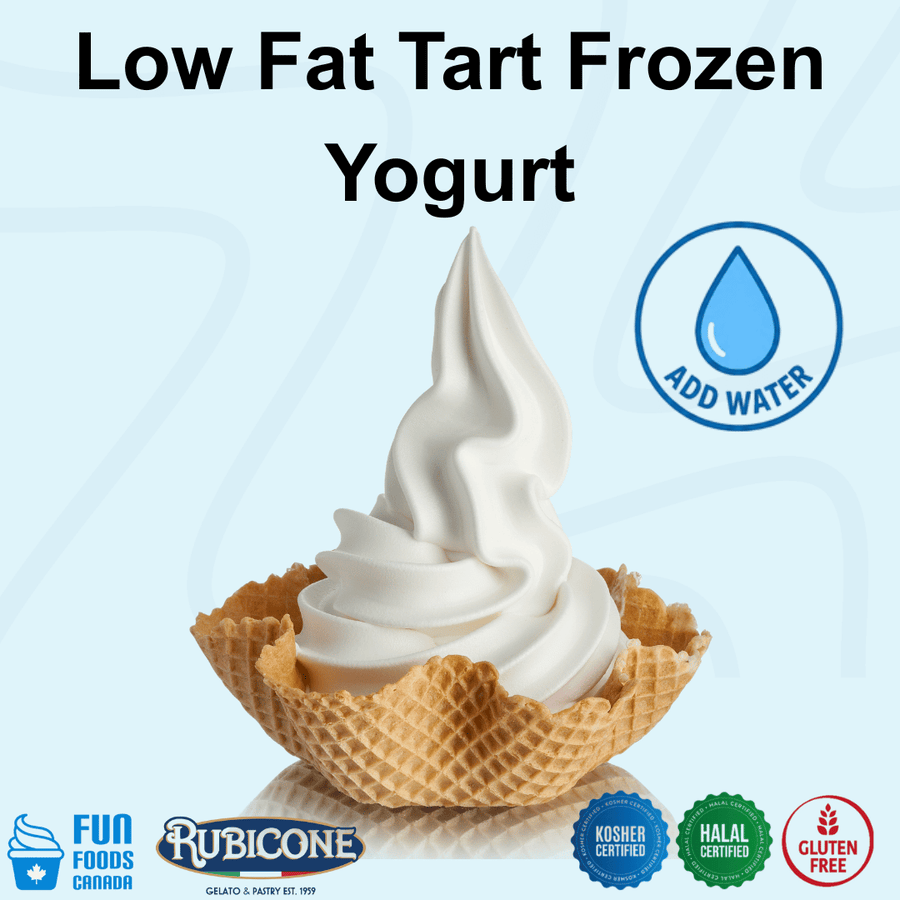 Rubicone Low Fat Tart Frozen Yogurt Mix, a convenient add-water powder mix for preparing smooth, creamy frozen yogurt with a refreshing tart flavour, ideal for soft serve and frozen yogurt machines. Kosher, Halal and Gluten Free.
