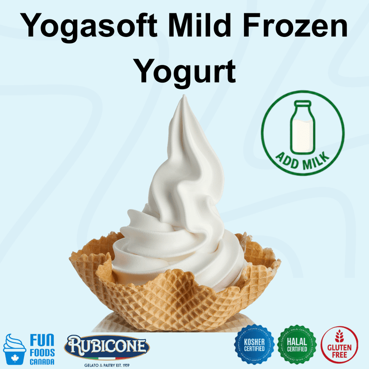 Rubicone Yogasoft Mild Frozen Yogurt Mix, a professional powdered frozen yogurt mix with a mild, balanced yogurt flavour, prepared by adding milk and designed to produce smooth and creamy frozen yogurt in soft serve and frozen yogurt machines. Kosher, Halal and Gluten Free.
