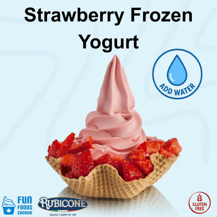 A bowl of pink strawberry frozen yogurt topped with fresh strawberries in a waffle cup, on a light blue background with text reading 'Strawberry Frozen Yogurt' and branding for Fun Foods Canada and Rubicone. Rubicone Strawberry Frozen Yogurt Mix, a convenient add-water powder mix for preparing smooth and creamy frozen yogurt with a sweet, fruity strawberry flavour, ideal for soft serve and frozen yogurt machines. Gluten Free.
