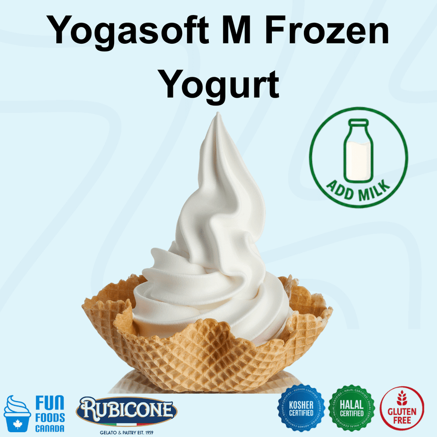 Rubicone Yogasoft M Frozen Yogurt Mix, a professional powdered frozen yogurt mix prepared by adding milk, designed to produce smooth and creamy frozen yogurt in soft serve and frozen yogurt machines. Kosher, Halal and Gluten Free.
