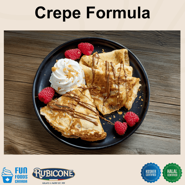 Rubicone Crepe Formula for preparing light, golden crepes, shown served with chocolate drizzle, whipped cream and fresh raspberries. Kosher and Halal certified.
